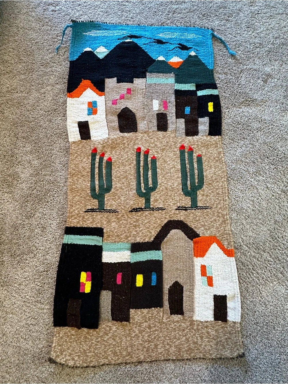 Vintage Handwoven Wool Southwestern Wall Hanging Tapestry Pueblo Desert Boho